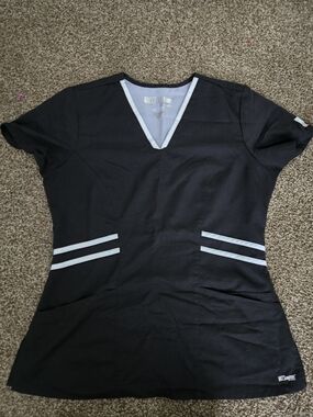 Black V-Neck Medical Scrub Top with WhiteTrim